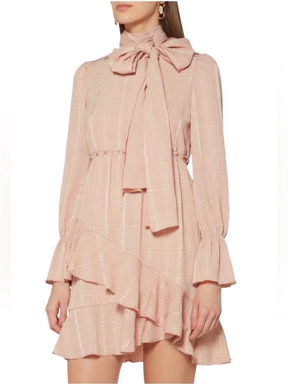 Women's Blush Pink Bow-Tie Long Sleeve Ruffle Dress
